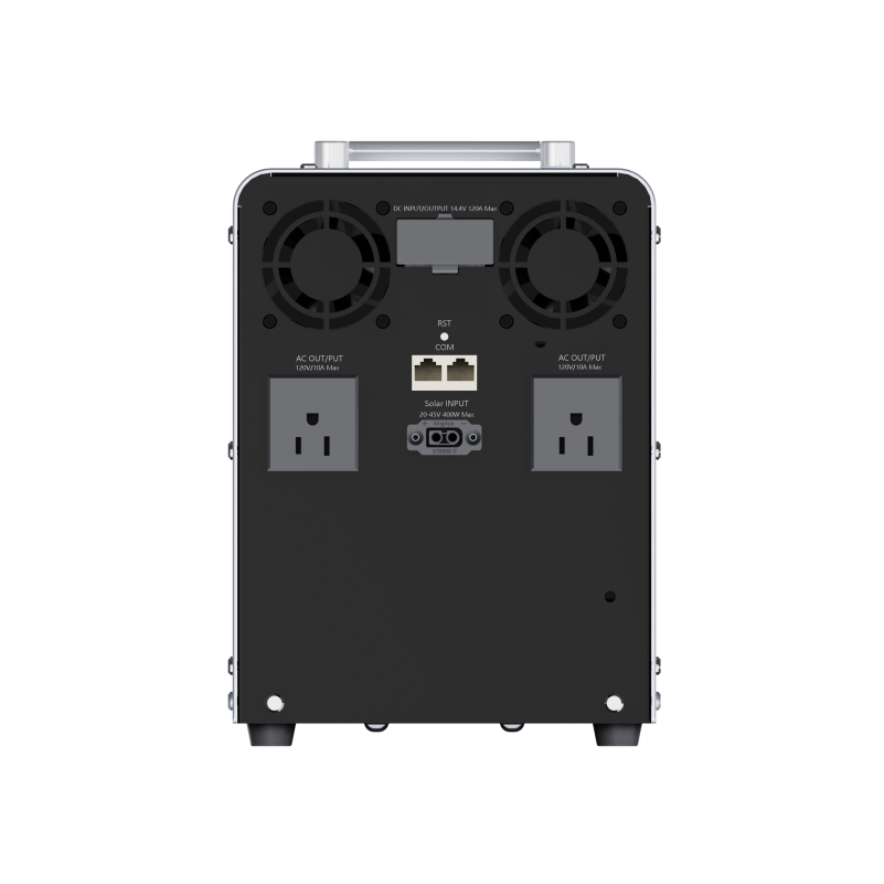 Comvolt 2200 rear panel — AC output, solar input and RST/COM ports
