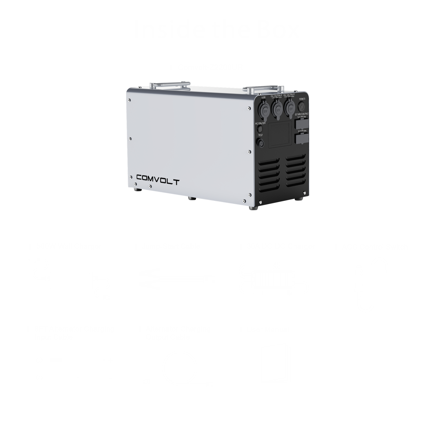 Comvolt 2200 inside the box — power station with included accessories