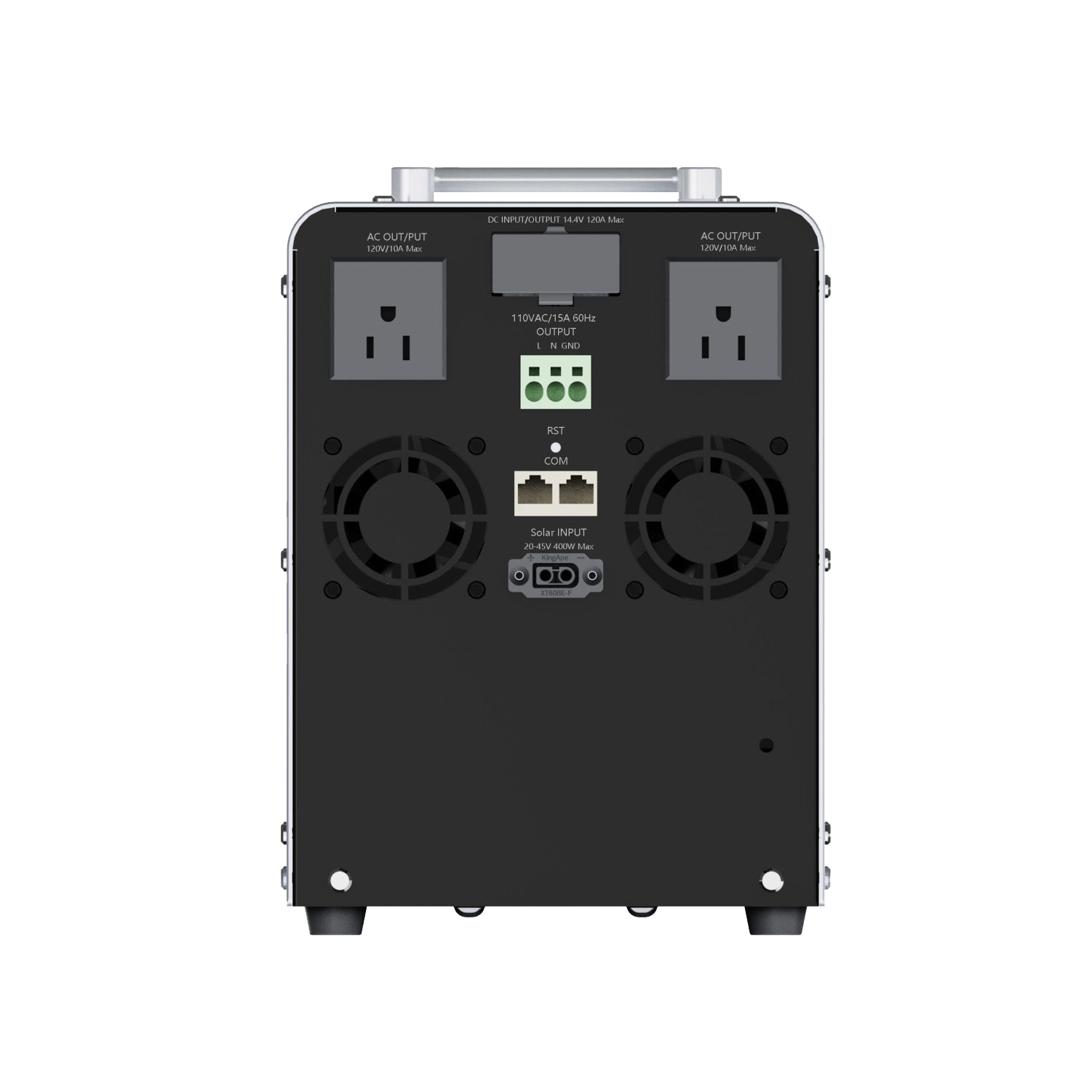 Comvolt 4200 rear panel — AC output, solar input and RST/COM ports