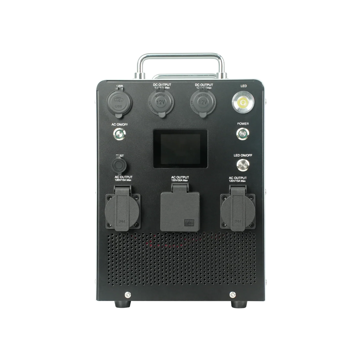 Comvolt 6000 front control panel — AC output, LED light and power switch