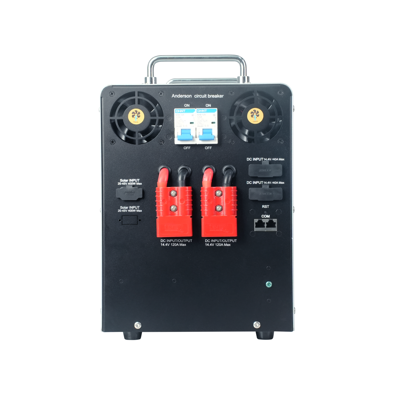 Comvolt 6000 front view — Anderson ports, breaker and I/O terminals