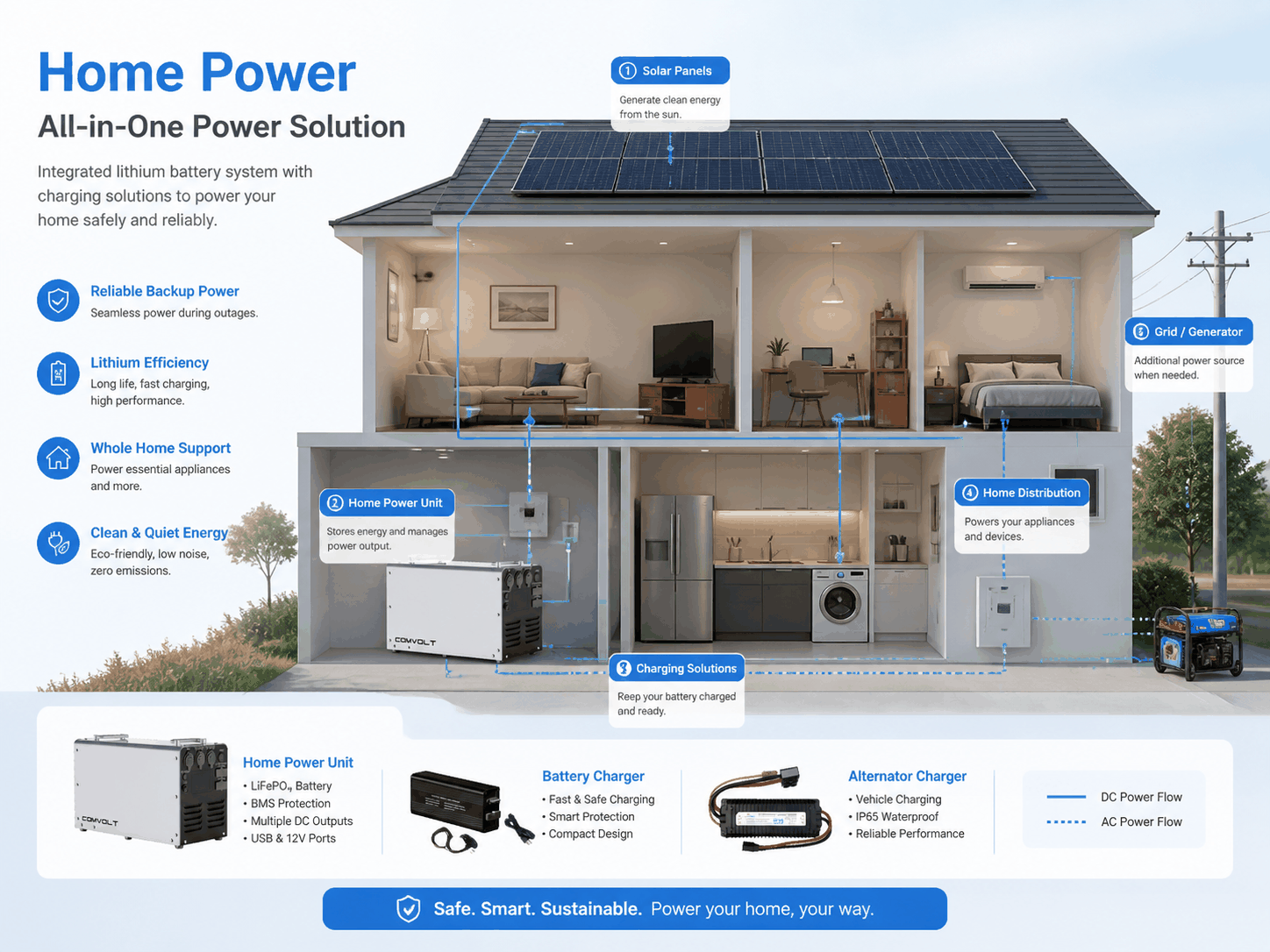 LITHPOWER 居家备用方案流程示意图 — 充电 / 检测 / 供电 / 恢复